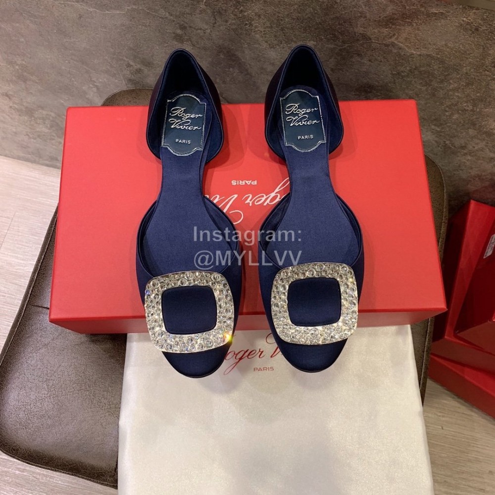 Roger Vivier Fashion Diamond Button Silk Flat Heel Shoes For Women Dark Blue