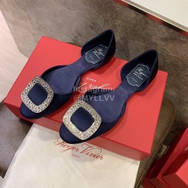 Roger Vivier Fashion Diamond Button Silk Flat Heel Shoes For Women Dark Blue