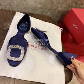 Roger Vivier Fashion Diamond Button Silk Flat Heel Shoes For Women Dark Blue