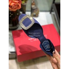 Roger Vivier Fashion Diamond Button Silk Flat Heel Shoes For Women Dark Blue