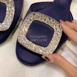 Roger Vivier Fashion Diamond Button Silk Flat Heel Shoes For Women Dark Blue