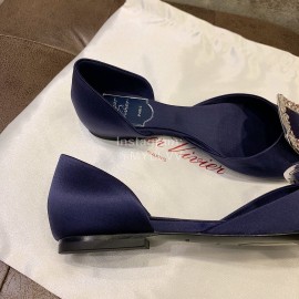 Roger Vivier Fashion Diamond Button Silk Flat Heel Shoes For Women Dark Blue