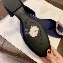 Roger Vivier Fashion Diamond Button Silk Flat Heel Shoes For Women Dark Blue