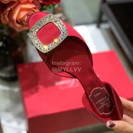 Roger Vivier Fashion Diamond Button Silk Flat Heel Shoes For Women Red