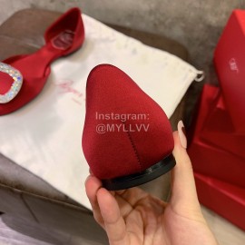 Roger Vivier Fashion Diamond Button Silk Flat Heel Shoes For Women Red