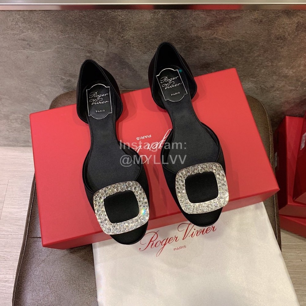 Roger Vivier Fashion Diamond Button Silk Flat Heel Shoes For Women Black
