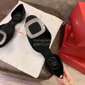 Roger Vivier Fashion Diamond Button Silk Flat Heel Shoes For Women Black