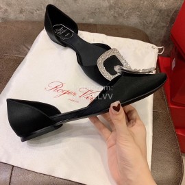 Roger Vivier Fashion Diamond Button Silk Flat Heel Shoes For Women Black