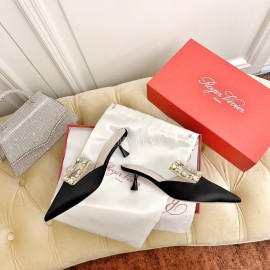 Roger Vivier Fashion Diamond Button Silk High Heel Mueller Shoes Black