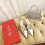 Roger Vivier Fashion Diamond Button Silk High Heel Mueller Shoes Silver