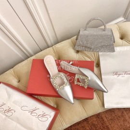 Roger Vivier Fashion Diamond Button Silk High Heel Mueller Shoes Silver