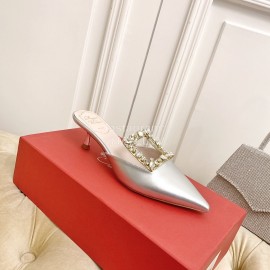 Roger Vivier Fashion Diamond Button Silk High Heel Mueller Shoes Silver