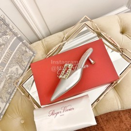 Roger Vivier Fashion Diamond Button Silk High Heel Mueller Shoes Silver