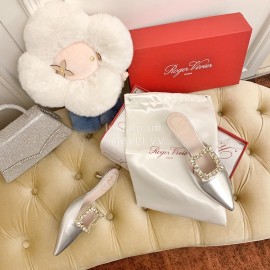 Roger Vivier Fashion Diamond Button Silk High Heel Mueller Shoes Silver