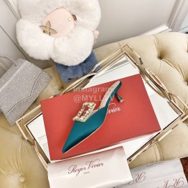 Roger Vivier Fashion Diamond Button Silk High Heel Mueller Shoes Green