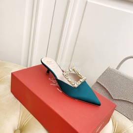Roger Vivier Fashion Diamond Button Silk High Heel Mueller Shoes Green