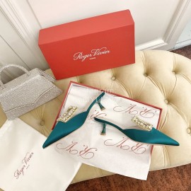 Roger Vivier Fashion Diamond Button Silk High Heel Mueller Shoes Green