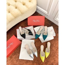 Roger Vivier Fashion Diamond Button Silk High Heel Mueller Shoes Green