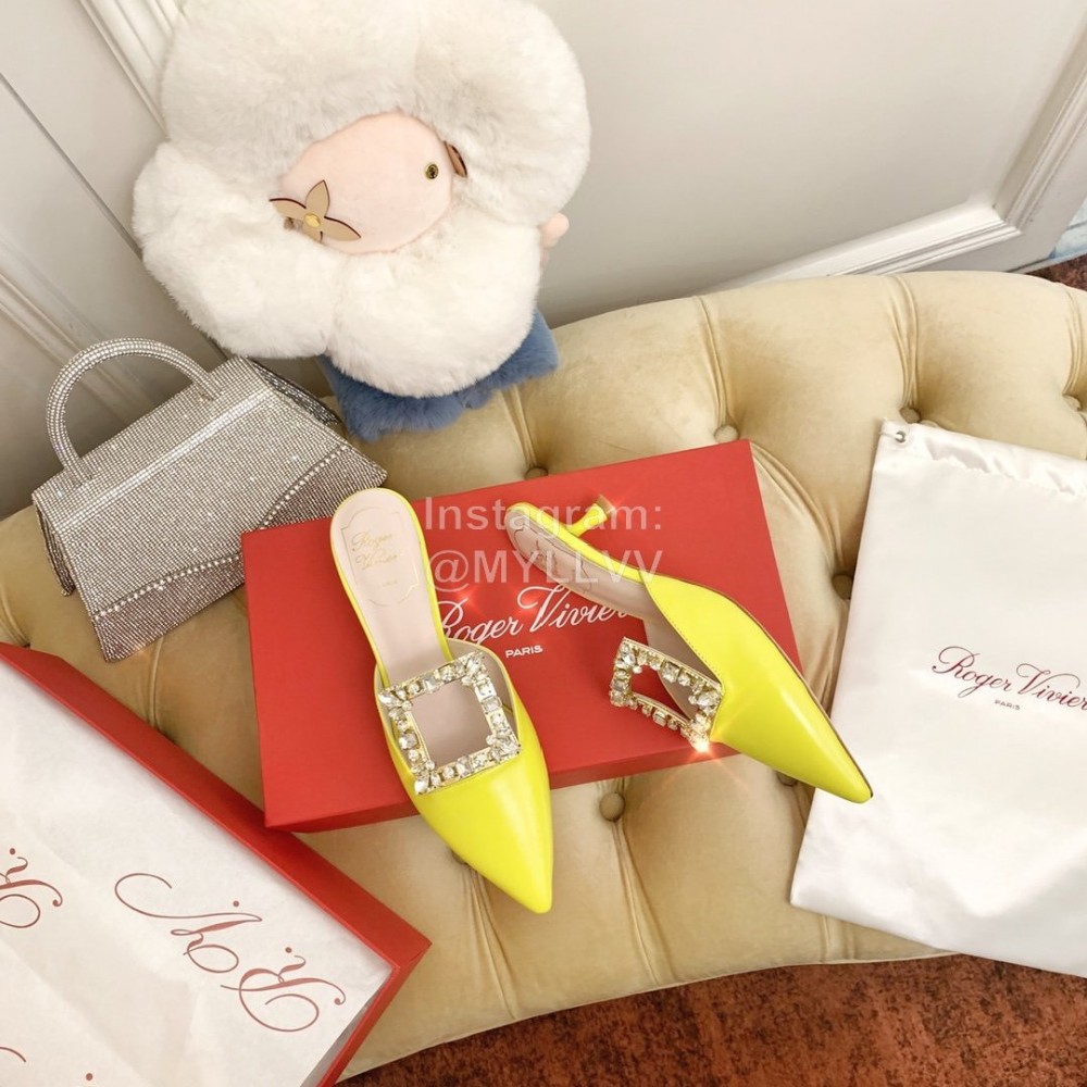Roger Vivier Fashion Diamond Button Silk High Heel Mueller Shoes Yellow