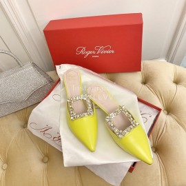 Roger Vivier Fashion Diamond Button Silk High Heel Mueller Shoes Yellow