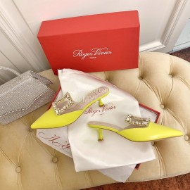 Roger Vivier Fashion Diamond Button Silk High Heel Mueller Shoes Yellow