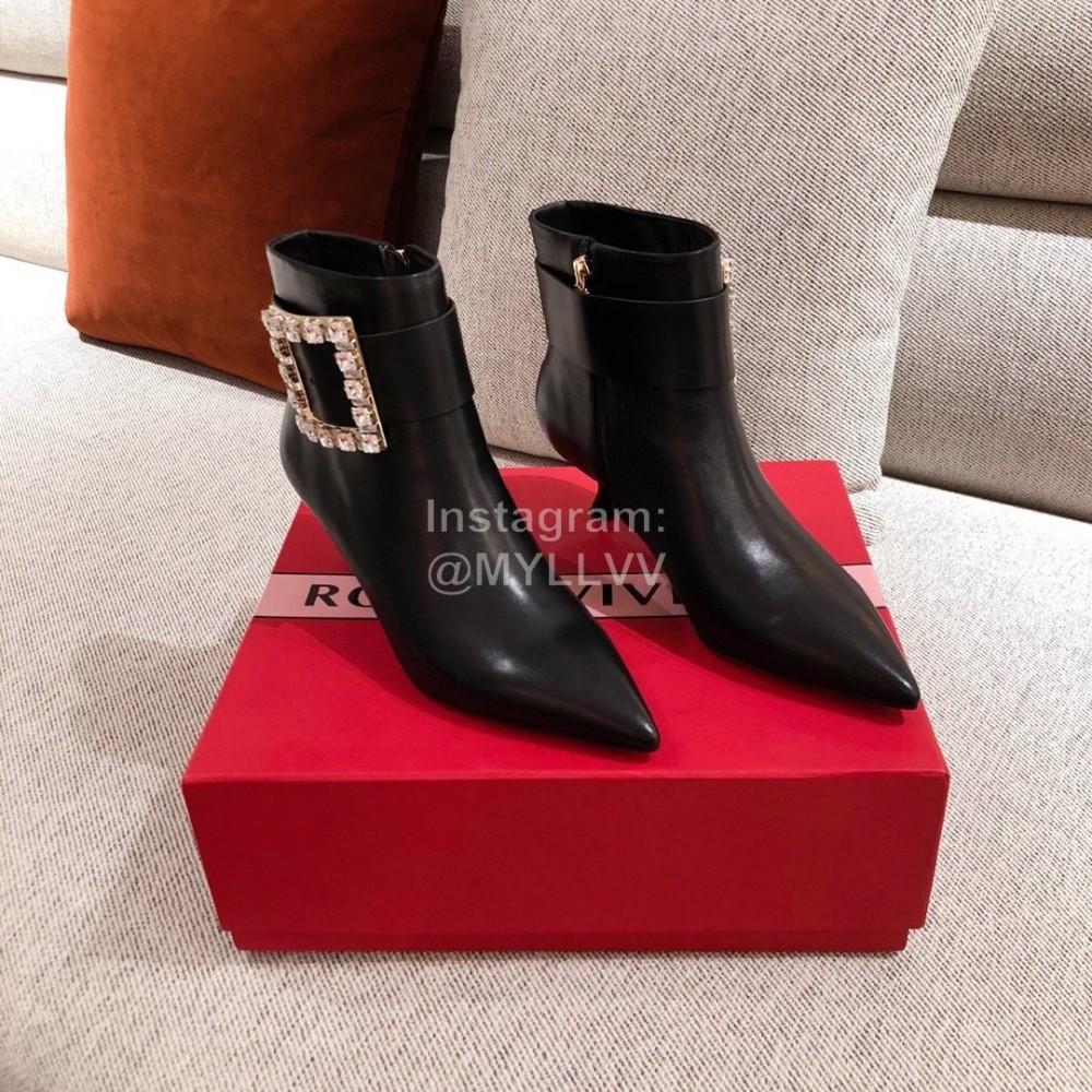 Roger Vivier Fashion Square Button Pointed Short Boots For Women Black