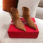 Roger Vivier Fashion Square Button Velvet Pointed Short Boots For Women Brown