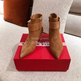 Roger Vivier Fashion Square Button Velvet Pointed Short Boots For Women Brown