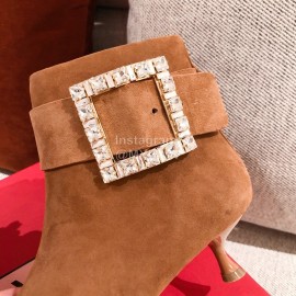 Roger Vivier Fashion Square Button Velvet Pointed Short Boots For Women Brown