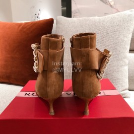 Roger Vivier Fashion Square Button Velvet Pointed Short Boots For Women Brown