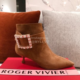 Roger Vivier Fashion Square Button Velvet Pointed Short Boots For Women Brown