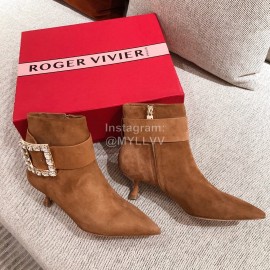 Roger Vivier Fashion Square Button Velvet Pointed Short Boots For Women Brown
