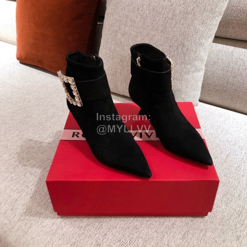 Roger Vivier Fashion Square Button Velvet Pointed Short Boots For Women Black