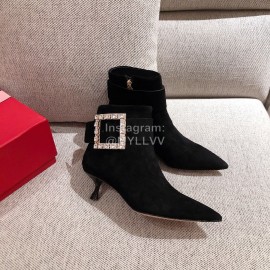 Roger Vivier Fashion Square Button Velvet Pointed Short Boots For Women Black