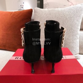 Roger Vivier Fashion Square Button Velvet Pointed Short Boots For Women Black