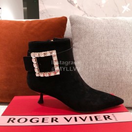 Roger Vivier Fashion Square Button Velvet Pointed Short Boots For Women Black