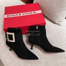 Roger Vivier Fashion Square Button Velvet Pointed Short Boots For Women Black