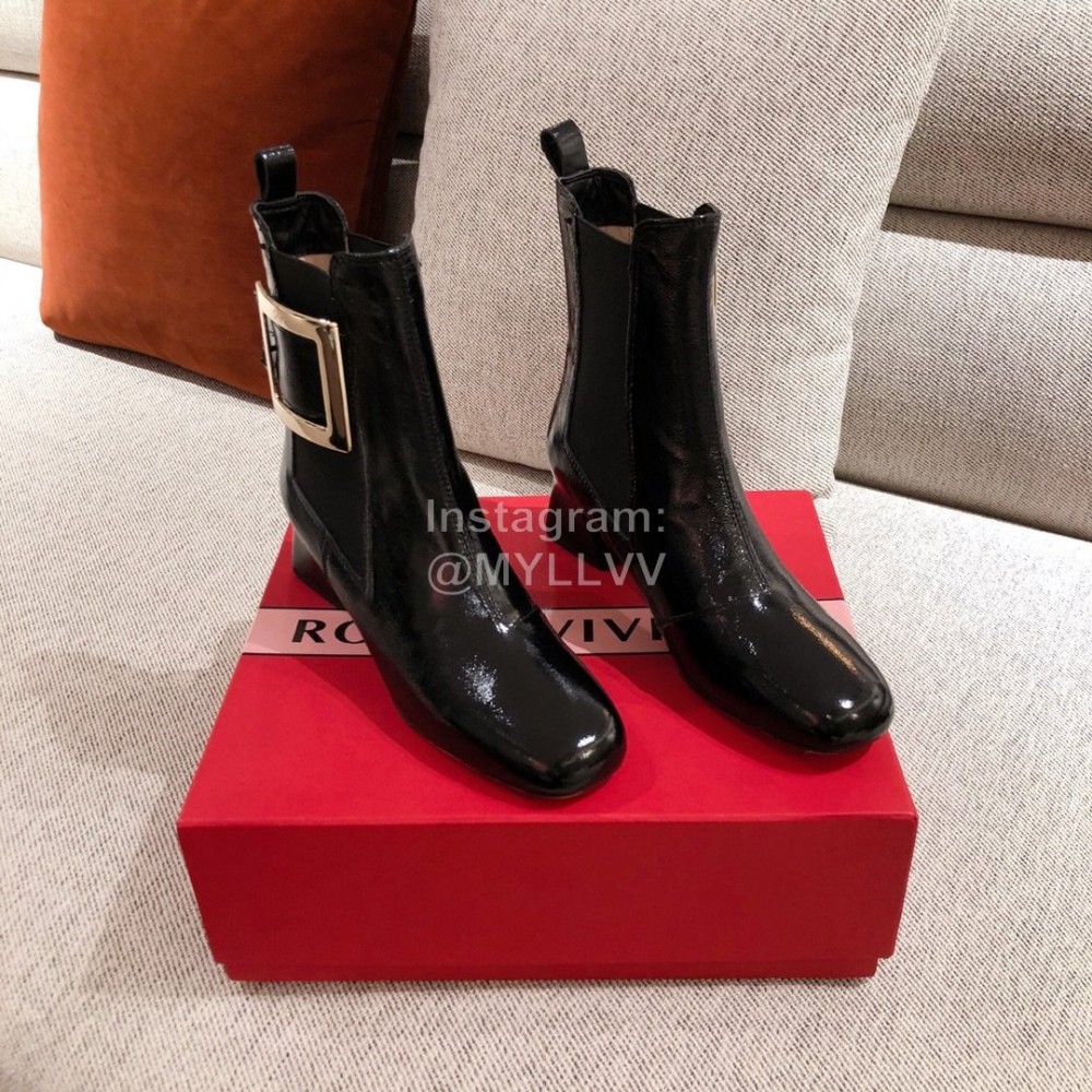 Roger Vivier Fashion Square Button Patent Leather Boots For Women Black