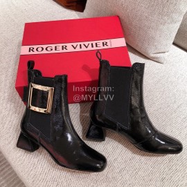Roger Vivier Fashion Square Button Patent Leather Boots For Women Black