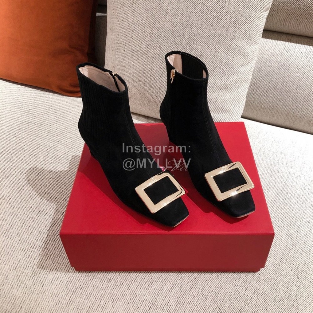 Roger Vivier Fashion Suede Square Button High Heel Boots Black
