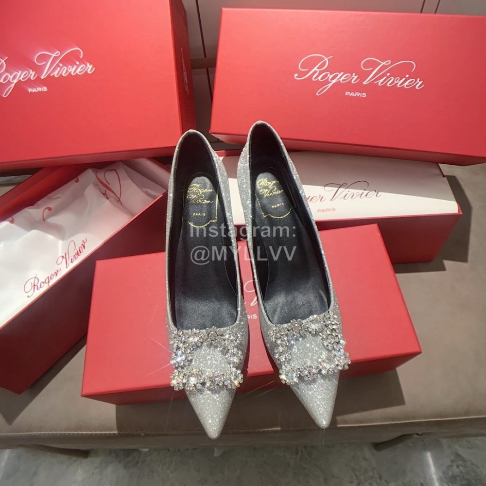 Roger Vivier Exquisite Diamond Square Button Suede High Heels Silver