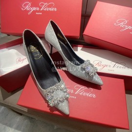 Roger Vivier Exquisite Diamond Square Button Suede High Heels Silver
