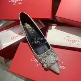 Roger Vivier Exquisite Diamond Square Button Suede High Heels Silver