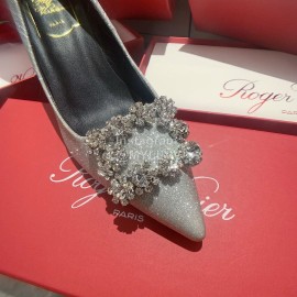 Roger Vivier Exquisite Diamond Square Button Suede High Heels Silver