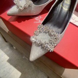 Roger Vivier Exquisite Diamond Square Button Suede High Heels Silver