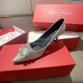Roger Vivier Exquisite Diamond Square Button Suede High Heels Silver