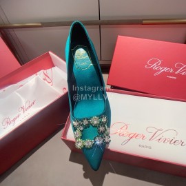 Roger Vivier Exquisite Diamond Square Button Suede High Heels Green