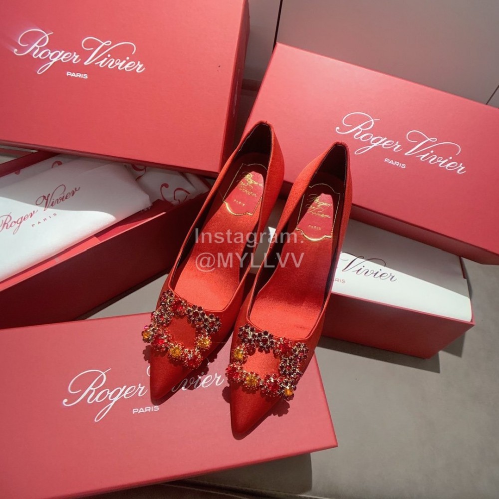 Roger Vivier Exquisite Diamond Square Button Suede High Heels Red