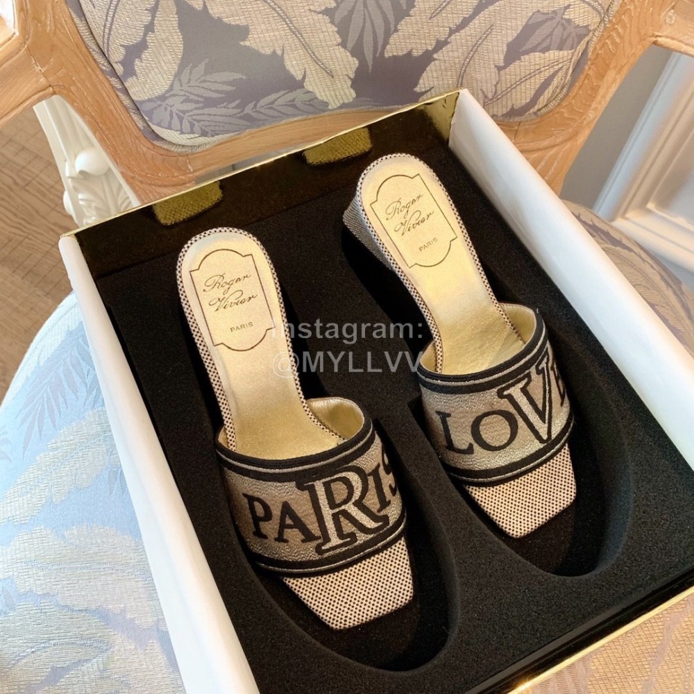 Roger Vivier Summer Embroidered Canvas Leather High Heel Slippers