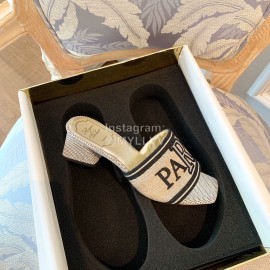 Roger Vivier Summer Embroidered Canvas Leather High Heel Slippers